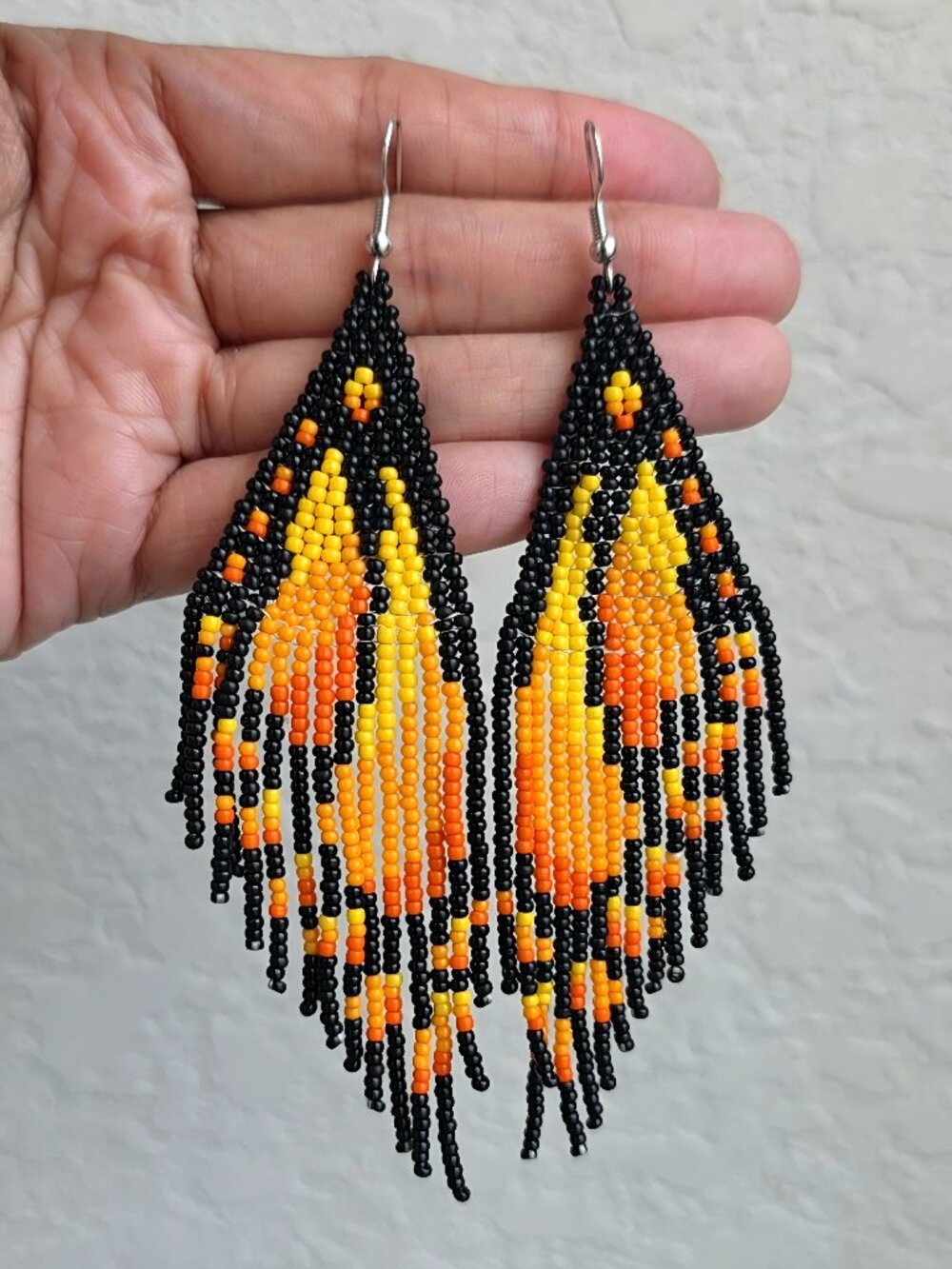 Handmade Monarch Butterfly Boho Fringe Beaded Earrings - Orange
